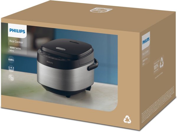 Philips Mini rice cooker | HD3093/80 3000 series | 600 W | 0.85 L | Number of programs 8 | Black/Stainless Steel