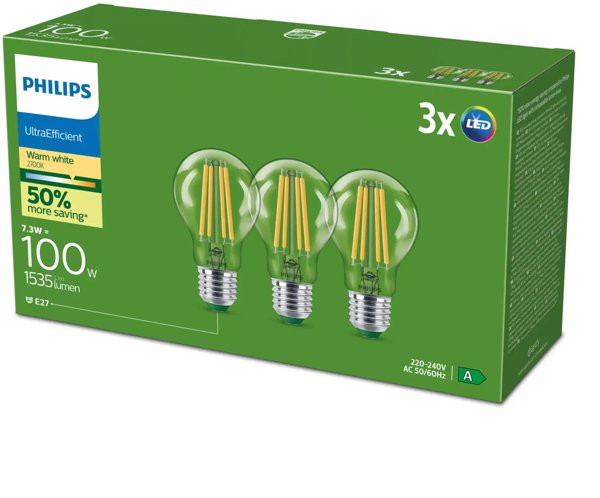 Philips LED Λάμπα E27 Ultra Efficient, A60, 7.3W (Αντιστοιχία 100W), 2700K Θερμό Λευκό, 3 Τεμάχια