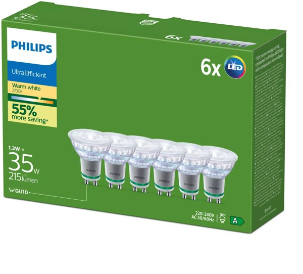 Philips Λάμπα LED GU10 Ultra Efficient 35W, 190lm/W, 2700K Θερμό Λευκό, Δέσμη 36°, 6 Τεμάχια