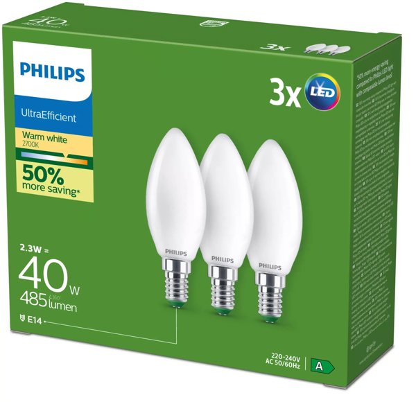 Philips LED Λάμπα Ultra Efficient E14 B35 2.1W (40W) 2700K Θερμό Φως, 3 Τεμάχια