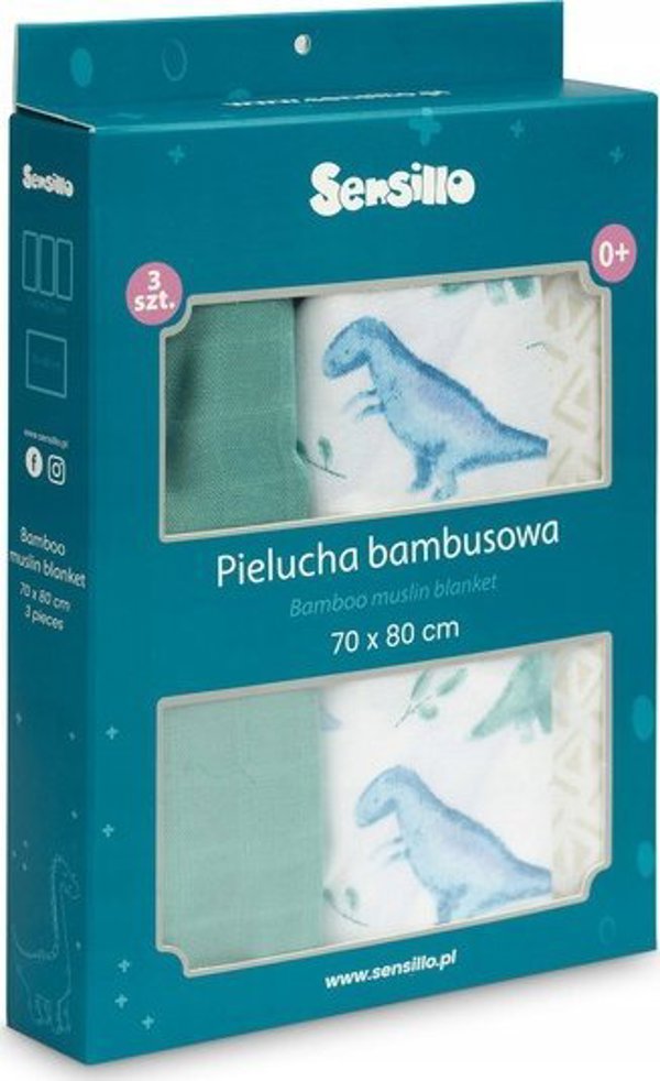 PIELUCHA BAMBUSOWA 3-pak DINO GREEN 70X80