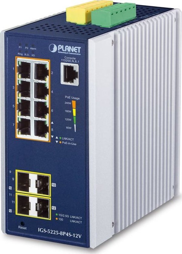 PLANET Industrial Managed L2+ Switch 8-Port Gigabit PoE+, 2x 1G SFP+ & 2x 2.5G SFP, Μπλε, Αλουμίνιο