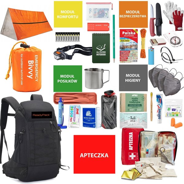 Plecak Ewakuacyjny Survival + εξοπλισμός Readypack S2 – πλήρες σετ έκτακτης ανάγκης / Readypack S2 μαύρο