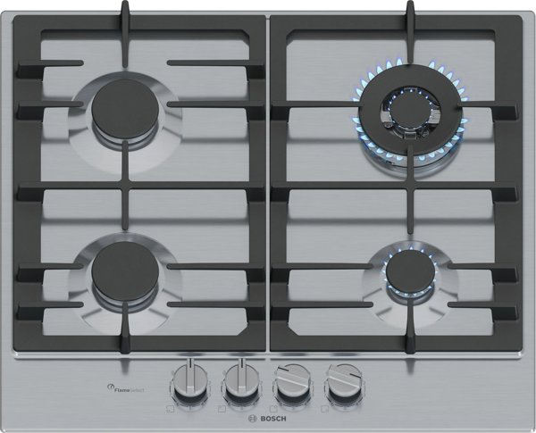 Εστία Αερίου Bosch PCH6A5I90 Flame Select, 4 Εστίες με WOK, Inox