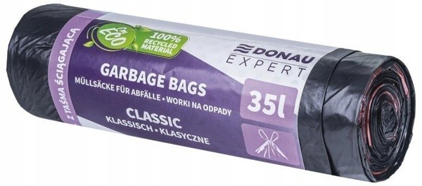 Polpak Σάκοι Απορριμμάτων Donau Expert, 35l, Με Ταινία, LDPE, Μαύροι, 15 Τεμάχια