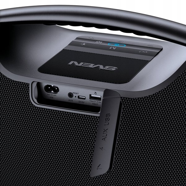 Portable speaker SVEN PS-990, juodas, power output 180W (RMS), TWS, Bluetooth, RGB backlight, Atsparus vandeniui (IPx7), USB, Lithium battery, Baterija life – iki 16 hours