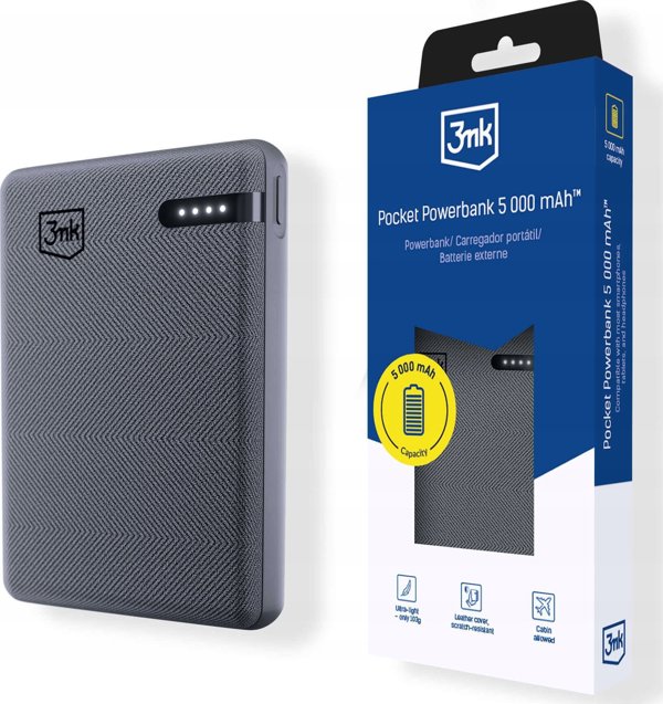 3MK Pocket Powerbank 5000mAh, Φορητός Φορτιστής 12W με Θύρα USB-C, Γκρι