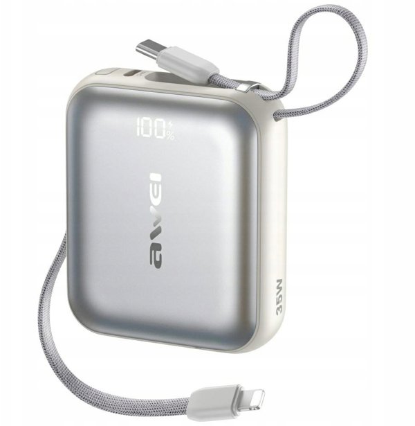 Powerbank Awei AS-181 10000mAh 35W USB-C + kable Lightning / USB-C srebrny