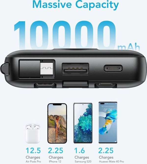 Veger Power Bank C10 10.000mAh με Ενσωματωμένα Καλώδια (Micro, Type-C, Lightning) - Μαύρο