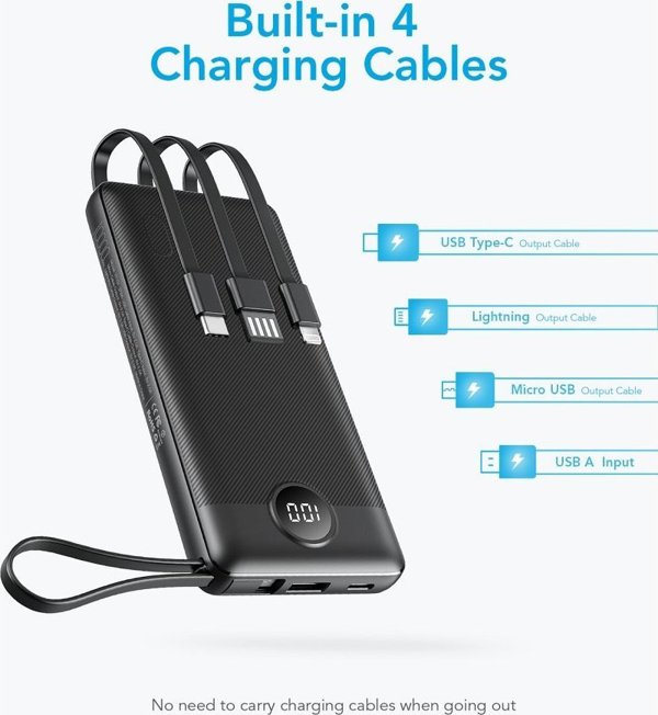 Veger Power Bank C10 10.000mAh με Ενσωματωμένα Καλώδια (Micro, Type-C, Lightning) - Μαύρο