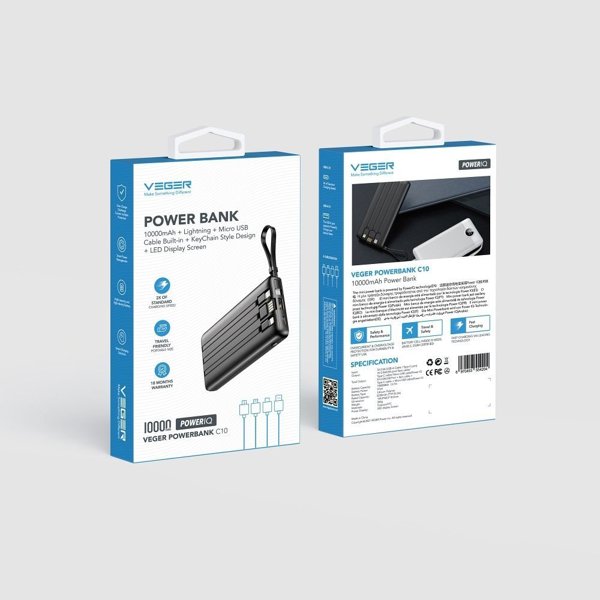 Veger Power Bank C10 10.000mAh με Ενσωματωμένα Καλώδια (Micro, Type-C, Lightning) - Μαύρο