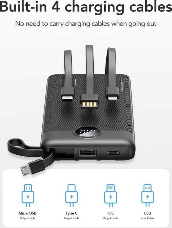 Veger Power Bank C10 10.000mAh με Ενσωματωμένα Καλώδια (Micro, Type-C, Lightning) - Μαύρο