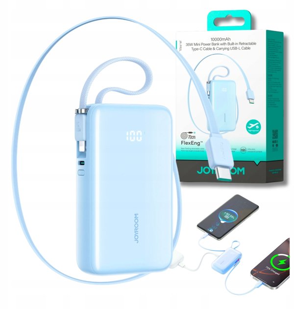 Powerbank Joyroom JR-PR2L 10000mAh 35W με Ενσωματωμένα Καλώδια USB-C και Lightning - Μπλε