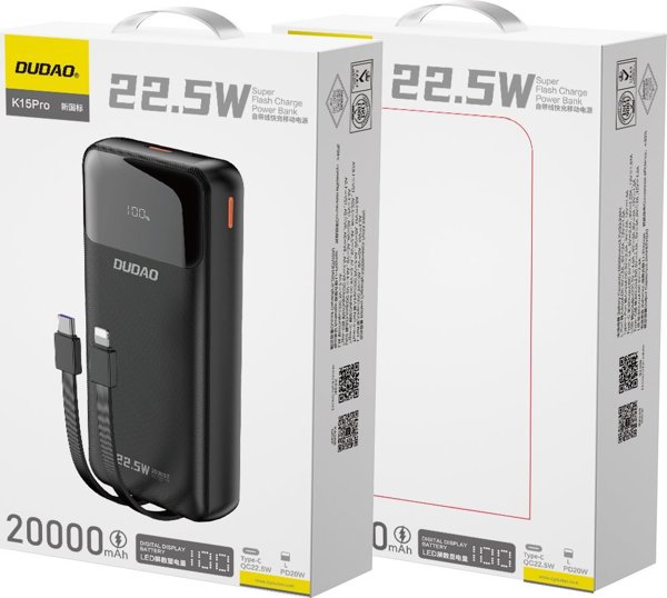 Dudao K15Pro Power Bank 20000mAh 22.5W PD με Ενσωματωμένα Καλώδια Lightning & USB-C - Μαύρο