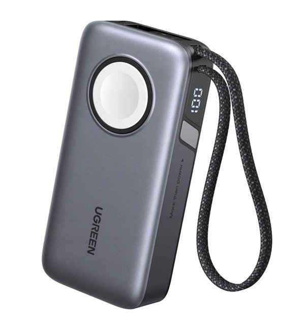 Powerbank 10000mAh UGREEN PB527 30W wbudowany kabel USB-C oraz ladowarka magnetyczna do Apple Watch szary