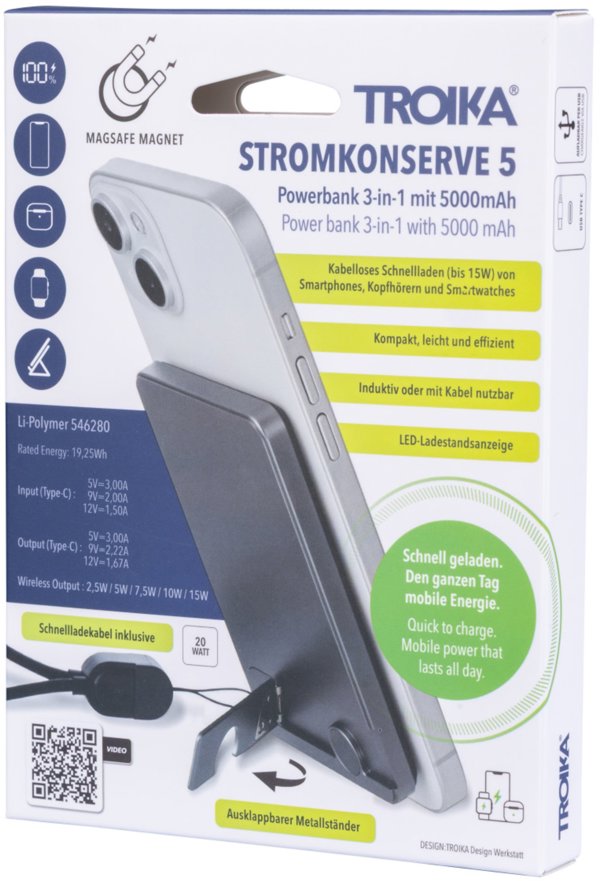 Troika Powerbank POP50 5000 mAh με Ασύρματη Φόρτιση, Γκρι/Μαύρο
