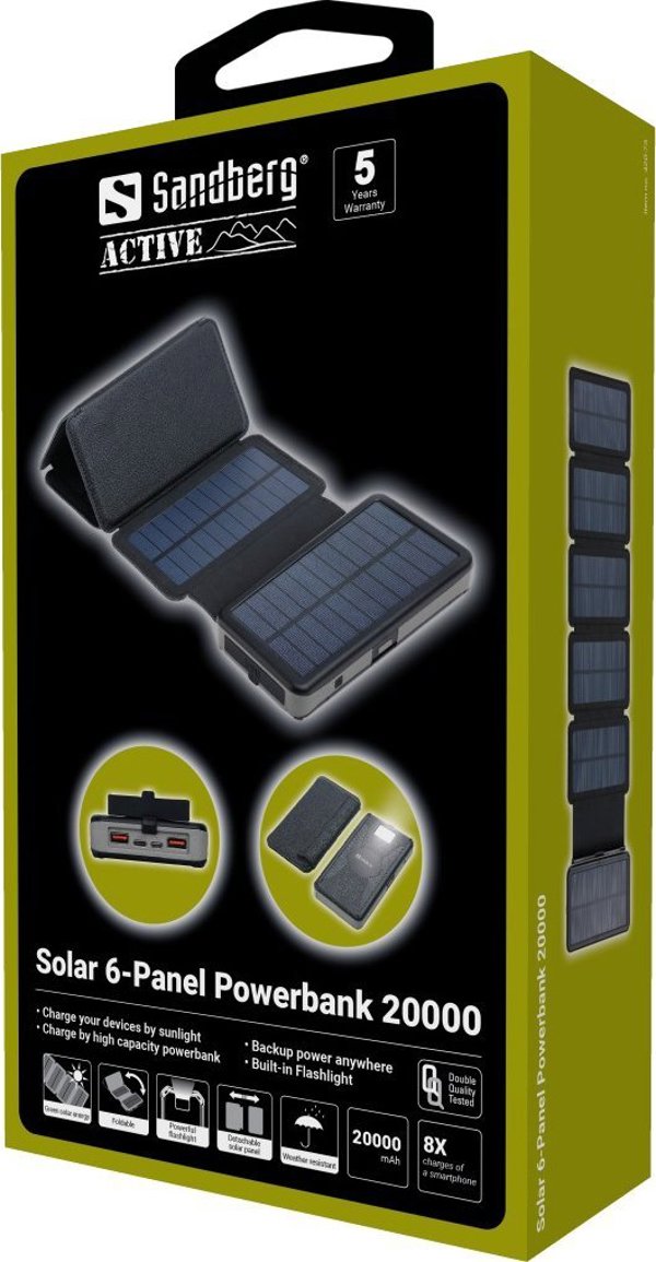 Sandberg Solar Powerbank 20000mAh με 6 Ηλιακά Πάνελ, Φορητός Φορτιστής, Μαύρο