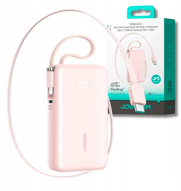 Powerbank Joyroom JR-PR2L 10000mAh 35W με ενσωματωμένο καλώδιο USB-C και Lightning ροζ