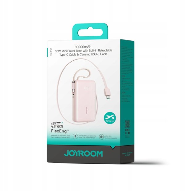 Powerbank Joyroom JR-PR2L 10000mAh 35W με ενσωματωμένο καλώδιο USB-C και Lightning ροζ