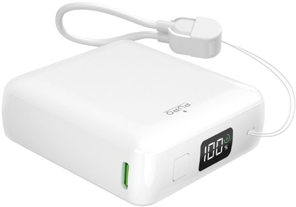 Powerbank Puro 10000mAh 20W USB-C USB-A με Οθόνη & Ενσωματωμένο Καλώδιο USB-C - Λευκό