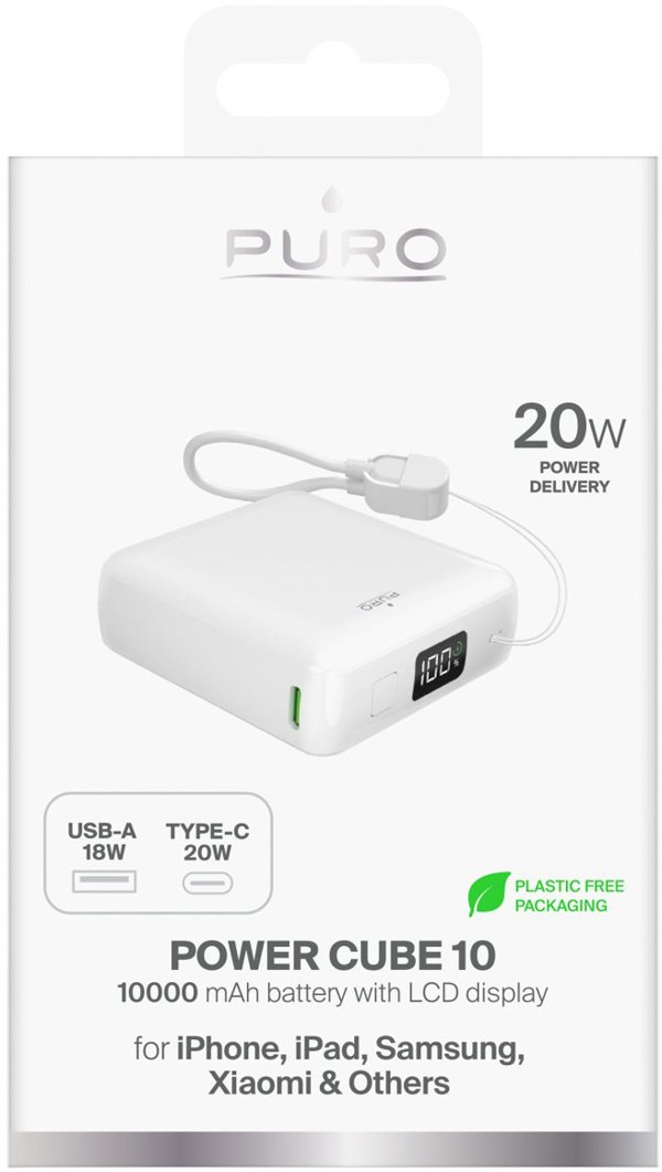 Powerbank Puro 10000mAh 20W USB-C USB-A με Οθόνη & Ενσωματωμένο Καλώδιο USB-C - Λευκό