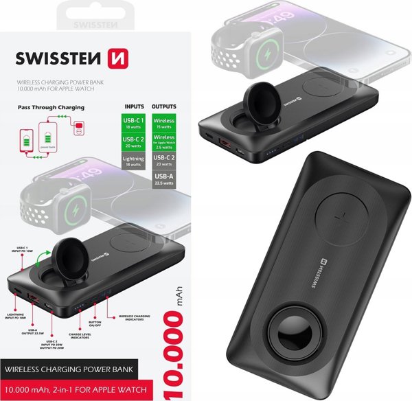 Powerbank Swissten Power Bank 10000 Mah 2In1 for Apple Watch And Magsafe