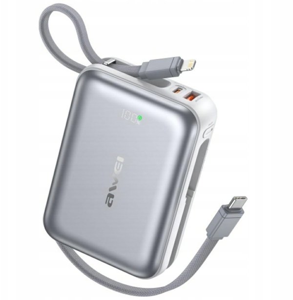 Powerbank Awei C03 20000mAh 45W          USB-A/USB-C + kable Lightning/USB-C srebrny
