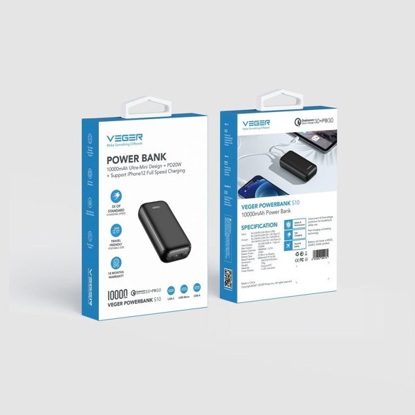 Veger S10 Power Bank 10000mAh, PD 20W & QC 18W, Γρήγορη Φόρτιση 3 Συσκευών, Μαύρο