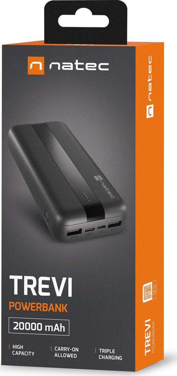 Natec Trevi Powerbank 20000mAh, Φορητός Φορτιστής με Πολλαπλές Θύρες, Μαύρο