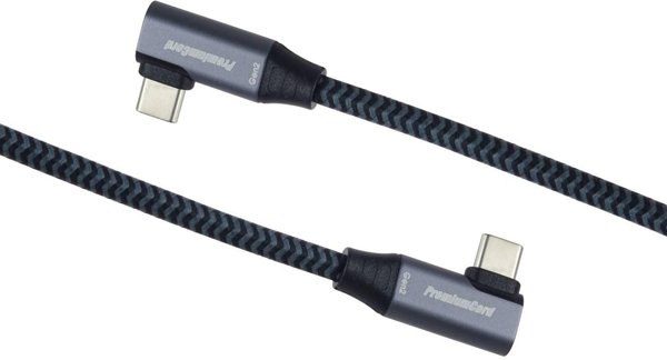 PremiumCord USB-C 2x zahnutý kabel ( USB 3.2 GEN 2x2, 5A, 100W, 20Gbit/s ) bavlněný oplet, délka: 3m