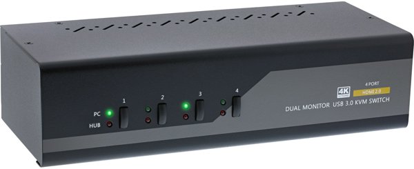 Inline KVM Desktop Switch, 4-port, Dual Monitor, HDMI 2.0, 4K, USB 3.0, Audio