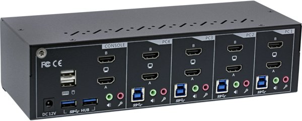 Inline KVM Desktop Switch, 4-port, Dual Monitor, HDMI 2.0, 4K, USB 3.0, Audio