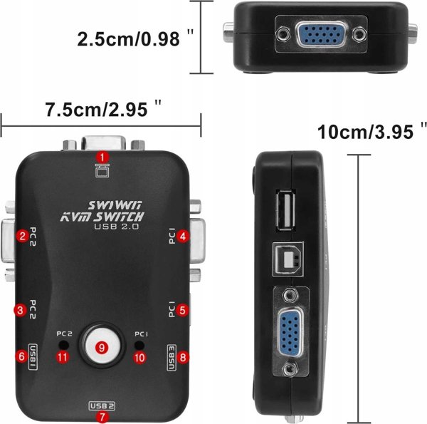 Pawonik VGA KVM Switch 2x1 με 3 Θύρες USB Hub, Χειροκίνητος Διακόπτης για 2 Υπολογιστές, Χωρίς Τροφοδοσία