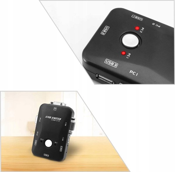 Pawonik VGA KVM Switch 2x1 με 3 Θύρες USB Hub, Χειροκίνητος Διακόπτης για 2 Υπολογιστές, Χωρίς Τροφοδοσία