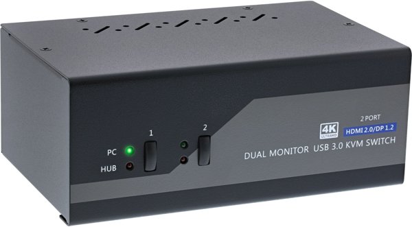 InLine Desktop KVM Switch, 2-port, Dual Monitor, Displayport 1.2 + HDMI 2.0, 4K, USB 3.0, Audio