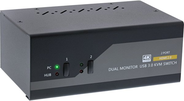 Inline KVM Desktop Switch, 2-port, Dual Monitor, HDMI 2.0, 4K, USB 3.0, Audio