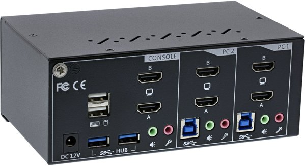 Inline KVM Desktop Switch, 2-port, Dual Monitor, HDMI 2.0, 4K, USB 3.0, Audio
