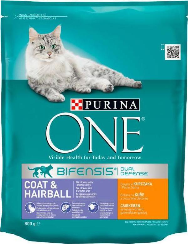Purina PURINA ONE COAT & HAIRBALL πλήρης τροφή για ενήλικες γάτες πλούσια σε κοτόπουλο και σιτηρά 800 g