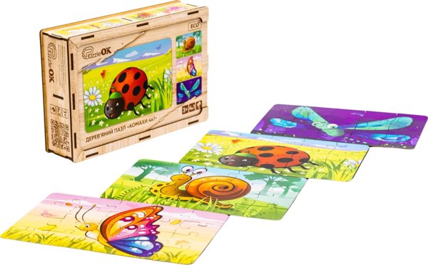 PuzzleOK Ξύλινο Παζλ 4 σε 1 Έντομα Παζλ Σετ Ζωάκια Πασχαλίτσα Σαλιγκάρι