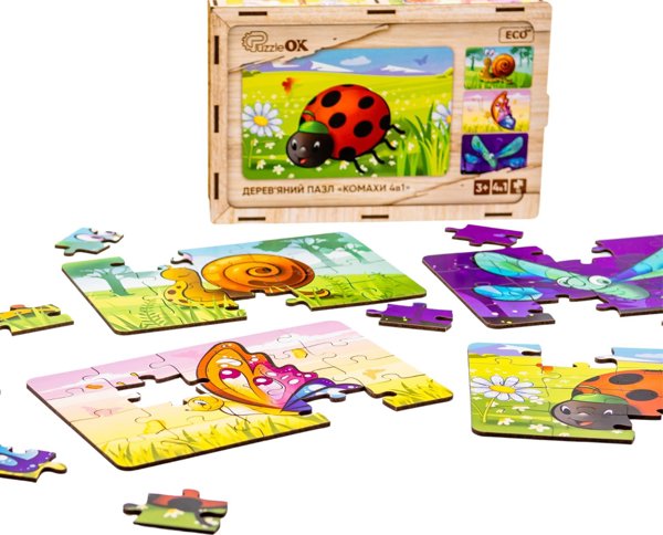 PuzzleOK Ξύλινο Παζλ 4 σε 1 Έντομα Παζλ Σετ Ζωάκια Πασχαλίτσα Σαλιγκάρι