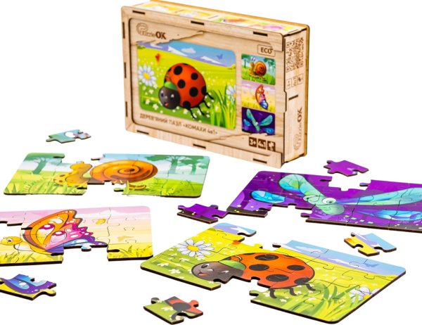 PuzzleOK Ξύλινο Παζλ 4 σε 1 Έντομα Παζλ Σετ Ζωάκια Πασχαλίτσα Σαλιγκάρι