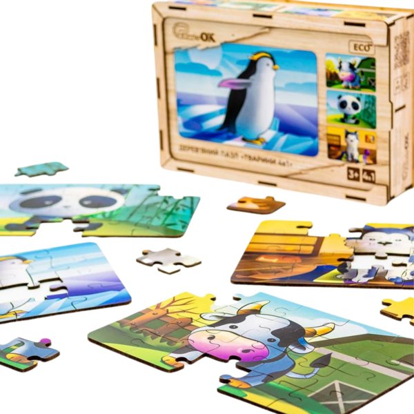 PuzzleOK Ξύλινο Παζλ 4 σε 1 Ζώα Παζλ Σετ Αγελάδα Σκυλάκι Πάντα Πιγκουίνος
