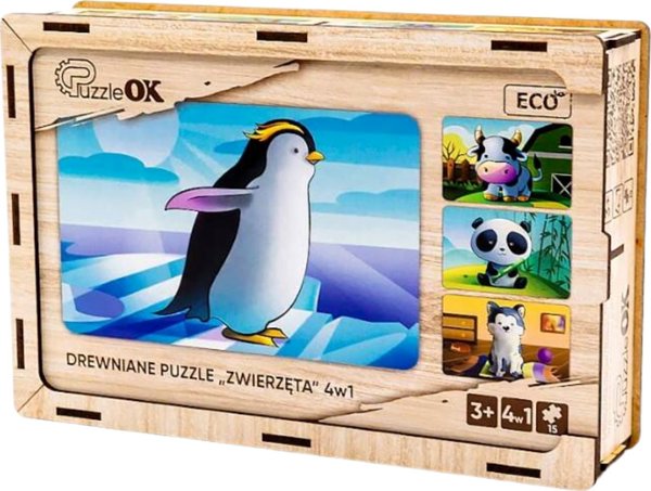 PuzzleOK Ξύλινο Παζλ 4 σε 1 Ζώα Παζλ Σετ Αγελάδα Σκυλάκι Πάντα Πιγκουίνος