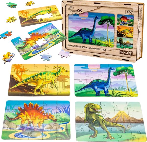 PuzzleOK Ξύλινο Παζλ 4 σε 1 Δεινόσαυροι Παζλ Σετ Προϊστορία Παιχνίδι