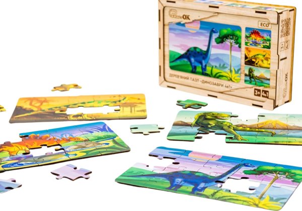 PuzzleOK Ξύλινο Παζλ 4 σε 1 Δεινόσαυροι Παζλ Σετ Προϊστορία Παιχνίδι