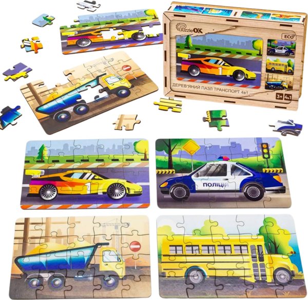PuzzleOK Ξύλινα Παζλ 4 σε 1 Οχήματα Παζλ Σετ Μέσα Μεταφοράς Αυτοκίνητα