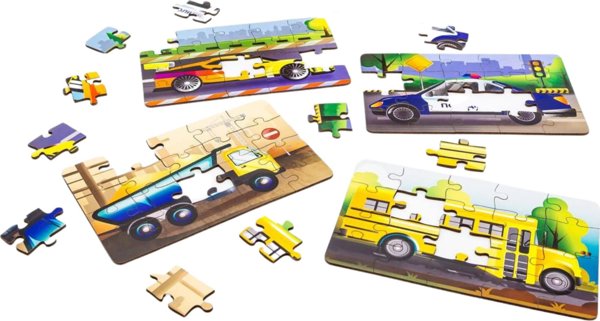 PuzzleOK Ξύλινα Παζλ 4 σε 1 Οχήματα Παζλ Σετ Μέσα Μεταφοράς Αυτοκίνητα