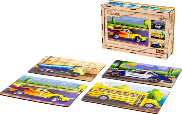 PuzzleOK Ξύλινα Παζλ 4 σε 1 Οχήματα Παζλ Σετ Μέσα Μεταφοράς Αυτοκίνητα