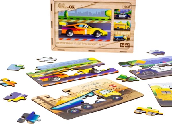 PuzzleOK Ξύλινα Παζλ 4 σε 1 Οχήματα Παζλ Σετ Μέσα Μεταφοράς Αυτοκίνητα