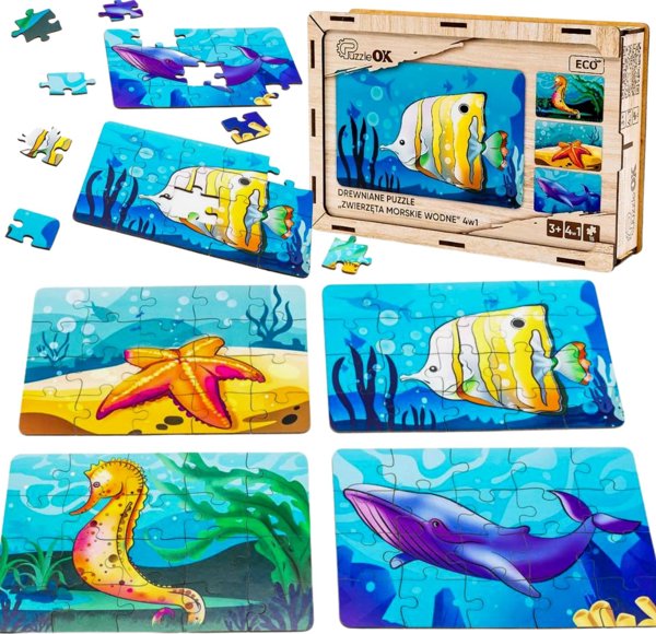 PuzzleOK Ξύλινα Παζλ 4 σε 1 Θαλάσσια Ζώα Νερό Παζλ Σετ